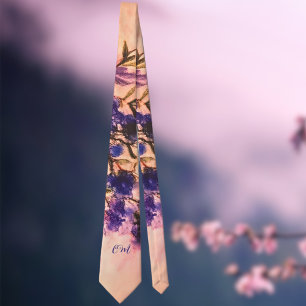 Monogram marineblauwe perzik paarse florale waterv stropdas