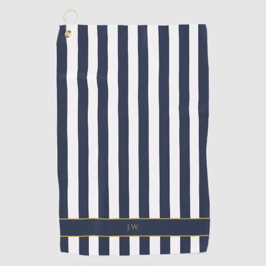 monogram marinesblauw en witte strepen gestreept golfhanddoek (Voorkant)