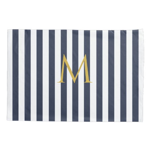  monogram marinesblauw en witte strepen gestreept kussensloop (Achterkant)
