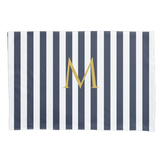 monogram marinesblauw en witte strepen gestreept kussensloop (Voorkant)