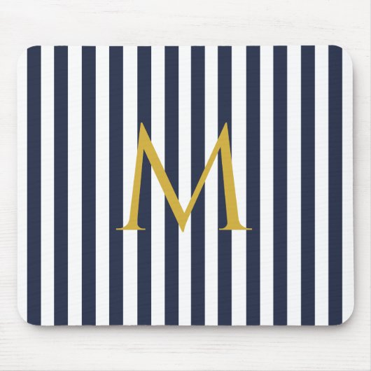 monogram marinesblauw en witte strepen gestreept muismat (Voorkant)