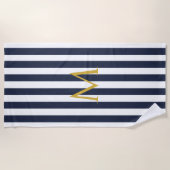 monogram marinesblauw en witte strepen gestreept strandlaken (Voorkant)
