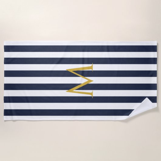  monogram marinesblauw en witte strepen gestreept strandlaken (Voorkant)