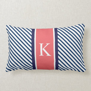 Monogram marinesurroe Blauwe Stripes & Coral Kussen