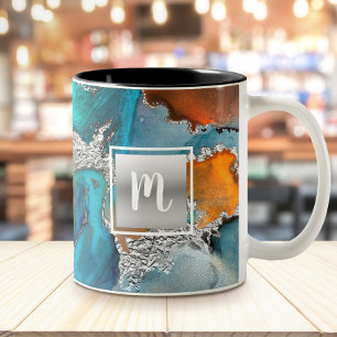 Monogram marmer waterverf zilverturquoise sinaasap tweekleurige koffiemok