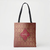 Monogram maroon Red Gold Fleur Damask Pattern Draagtas (Voorkant)