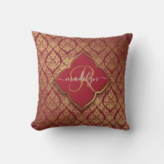 Monogram maroon Red Gold Fleur Damask Pattern Kussen