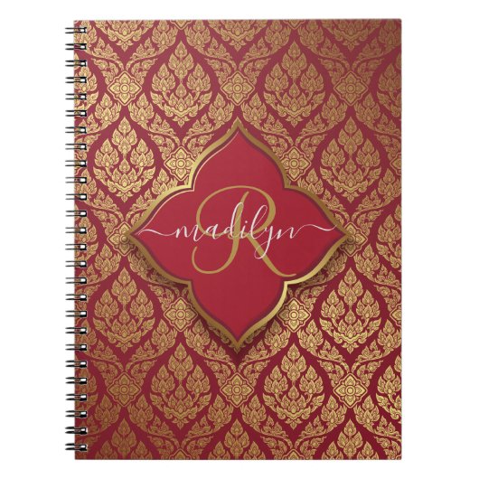 Monogram maroon Red Gold Fleur Damask Pattern Notitieboek (Voorkant)
