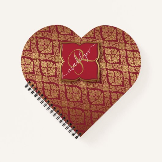Monogram maroon Red Gold Fleur Damask Pattern Notitieboek (Voorkant)