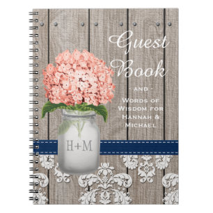 Monogram Mason Jar Coral Navy Hydrangea Guest Book Notitieboek