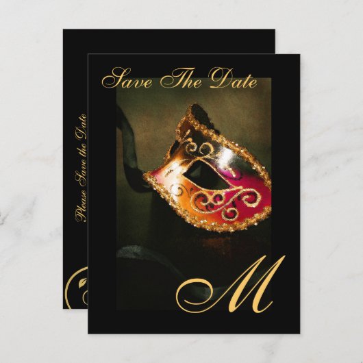 Monogram Masqurademasker Save the Date Briefkaart (Voorkant / Achterkant)