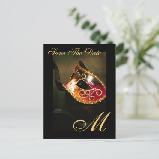 Monogram Masqurademasker Save the Date Briefkaart (Staand voorkant)