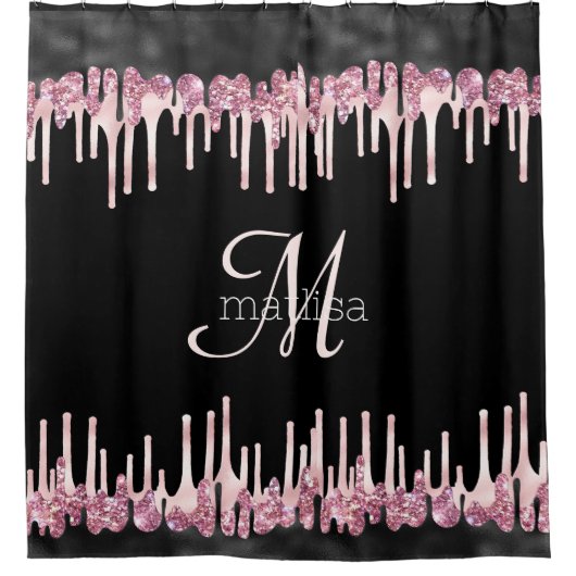 Monogram Matig uitstrijken Glitter Black & Roze Douchegordijn (Voorkant)