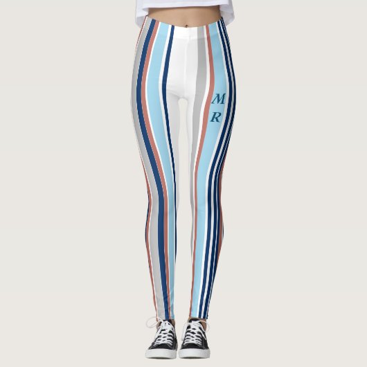 Monogram matige blauwe witte grijze strepen leggings (Voorkant)