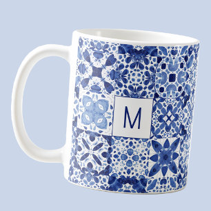 Monogram Mediterraan Blauw Witte Tegel Waterverf Koffiemok
