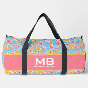 Monogram Meisje Bloemen Roze Blauw Gepersonaliseer Plunjezak