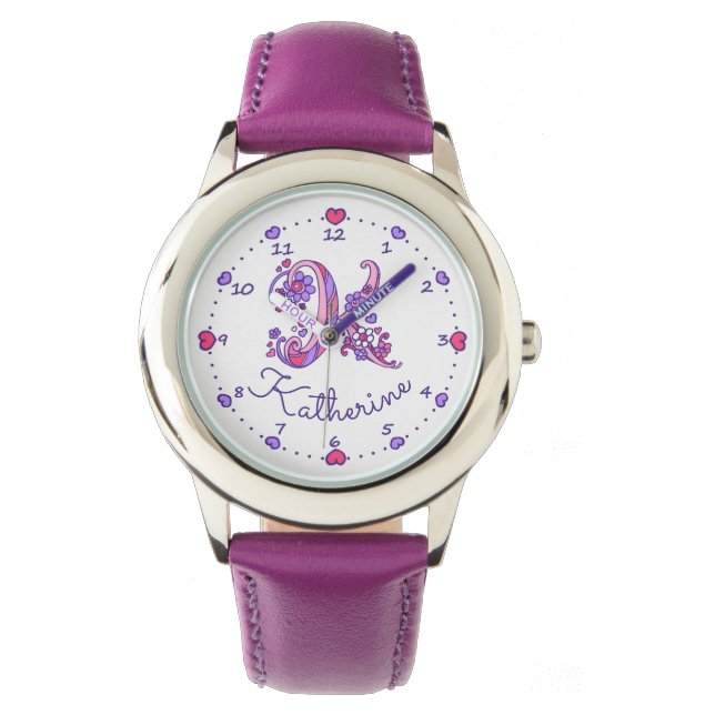 Monogram meisjes K doodle art Katherine naam horlo Horloge (Voorkant)