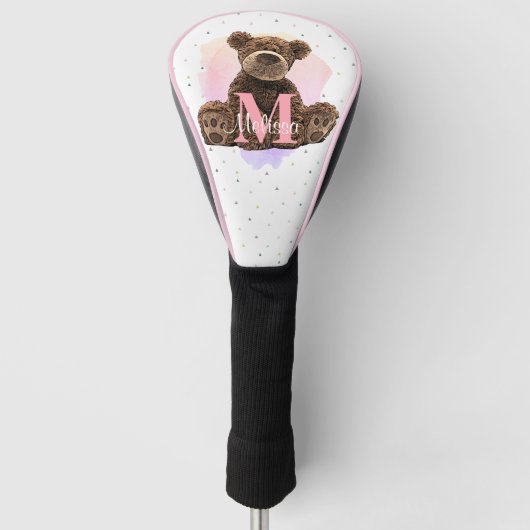 monogram meisjes Naam Roze Teddy Bear Golfheadcover (Voorkant)