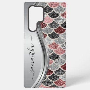 Monogram Mermaid Scale Glitter Pink Silver Name Samsung Galaxy Hoesje