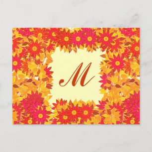 Monogram met bloemen - rood en goud briefkaart