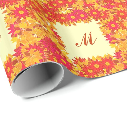 Monogram met bloemen - rood en goud cadeaupapier (Rol Hoek)