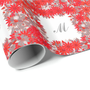 Monogram met bloemen - rood en grijs cadeaupapier