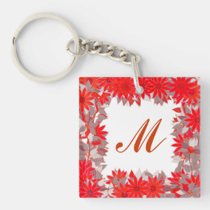 Monogram met bloemen - rood en grijs sleutelhanger