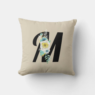 Monogram met bloemenspray in aqua en wit kussen