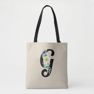 Monogram met bloemenspray wit en aqua draagtas