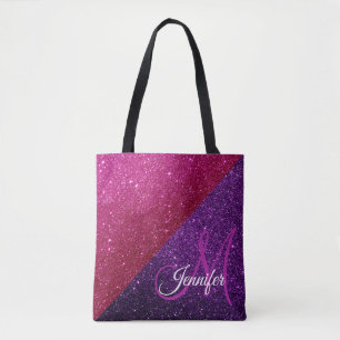 Monogram met hete roze, paarse glitters en glinste draagtas