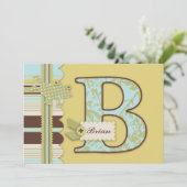 Monogram met kikker- en stripprintBaby shower Kaart (Staand voorkant)