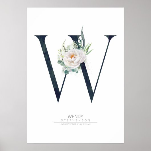 Monogram met letter W Witte Bloemen en Groene Tint Poster (Voorkant)