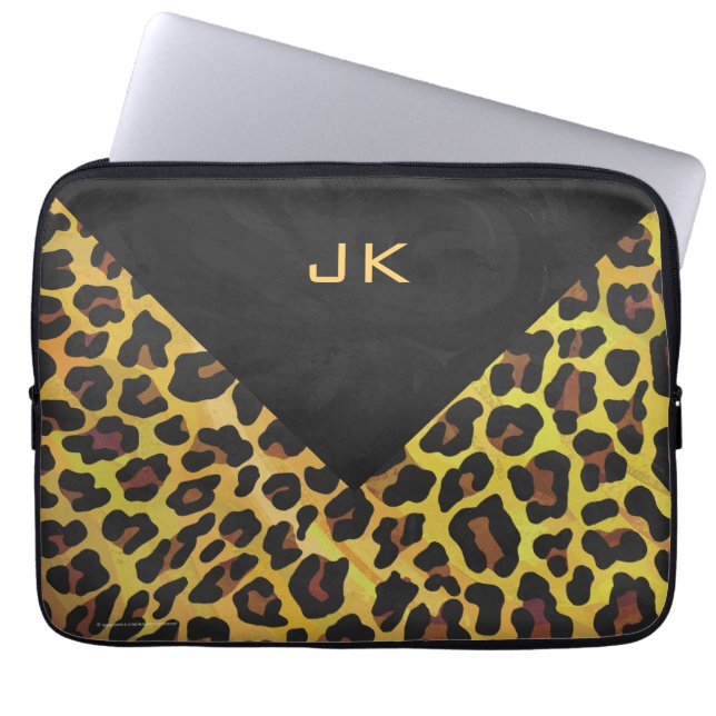 Monogram met luipaard bruin en geel laptop sleeve (Voorkant)