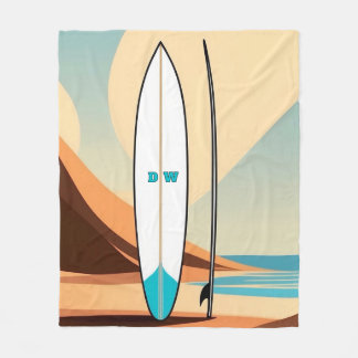 Monogram met minimalistisch vectorsurfplank-thema fleece deken