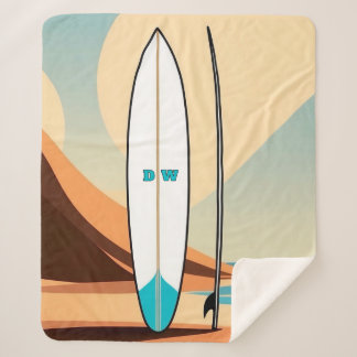 Monogram met minimalistisch vectorsurfplank-thema sherpa deken