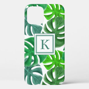 Monogram met Monstera Deliciosa Bladeren Patroon iPhone 12 Hoesje