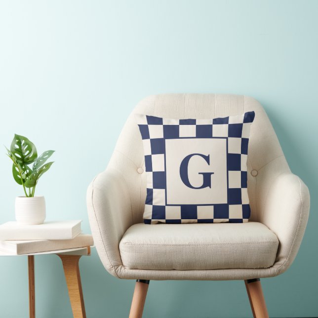 Monogram met Navy Cream Checkered Border Kussen (Stoel)