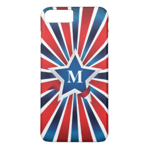Monogram met rode, witte en blauwe strepen 	iPhone 8 plus / 7 plus hoesje
