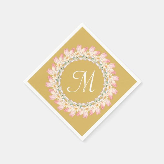 Monogram met roze rozen en waterlelies frame servetten (Hoek)