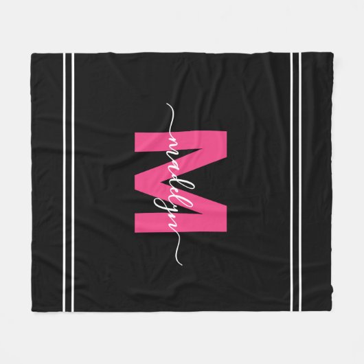 Monogram met roze zwarte scriptnaam fleece deken (Voorkant (Horizontaal))