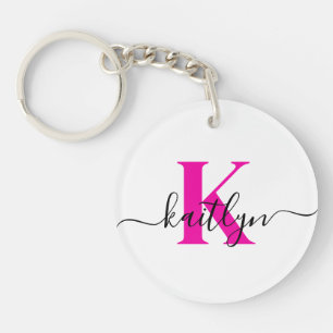 Monogram met warme roze initiaal sleutelhanger