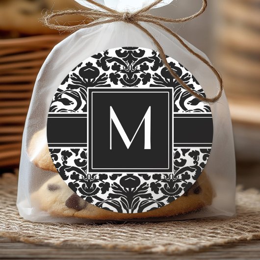 Monogram met zwart en wit damast ronde sticker