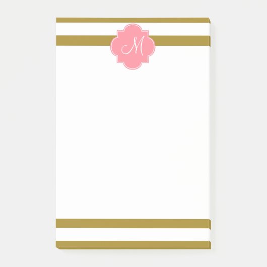 Monogram metaal goud en roze gestreepte patroon post-it® notes (Voorkant)