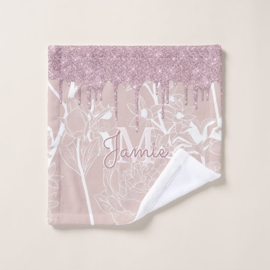 Monogram metaal Roos Glitter & Mauve Floral Bad Handdoek (Wasdoekje)