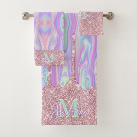 Monogram metaal Roos Gold Glitter & Iridescent Bad Handdoek (Insitu)