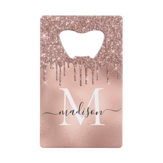 Monogram Metaal Roze Goud Roze Glitterslijpsels Kredietkaart Flessenopener (Voorkant)