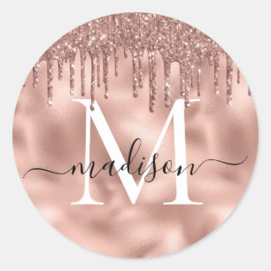 Monogram Metaalachtig Roos Gold Roze Glitter Drive Ronde Sticker