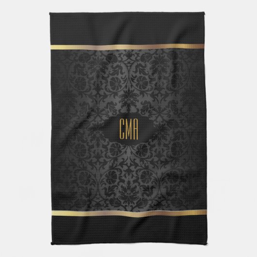 Monogram Metaalgoud en Floral Damask Pattern Theedoek (Verticaal)