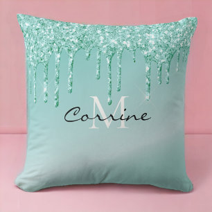 Monogram Metallic Aqua Blue Dripping Glitter Kussen