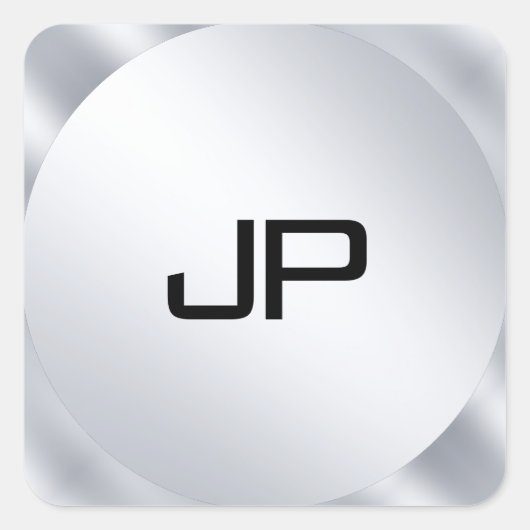 Monogram Metallic Faux Silver Sjabloon Modern Vierkante Sticker (Voorkant)